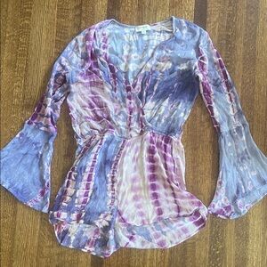 Umgee Purple and White Wrap Blouse with Tie Front